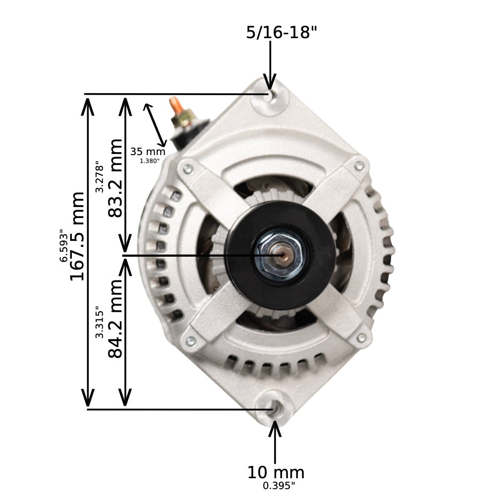 1969-1974 GMC C15 V8 5.7L 12si high output alternator - dimensions, front view with mounting points
