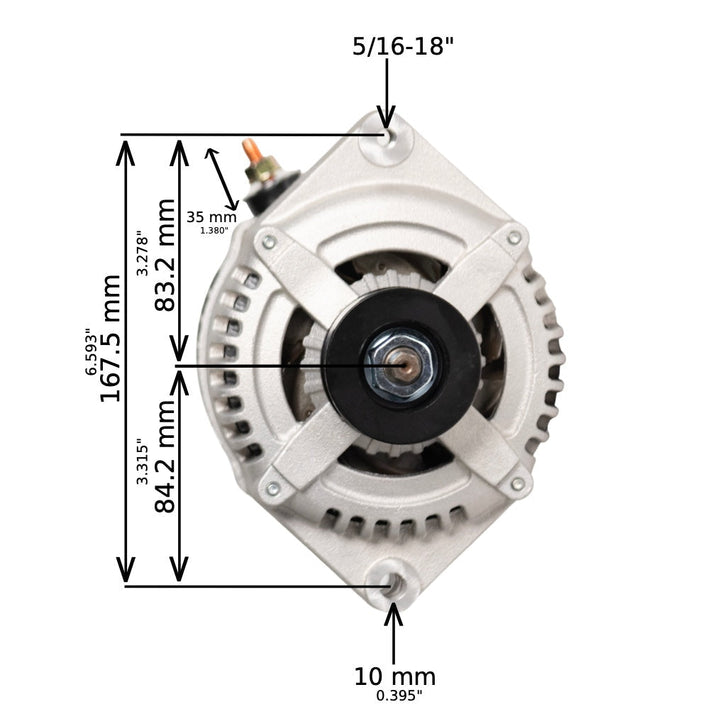 1969-1974 GMC C15 V8 5.7L 12si high output alternator - dimensions, front view with mounting points