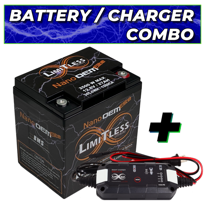 Limitless Lithium Nano-OEM Elite 27Ah LiFePO4 Powersports Battery + 3.5A Maintainer