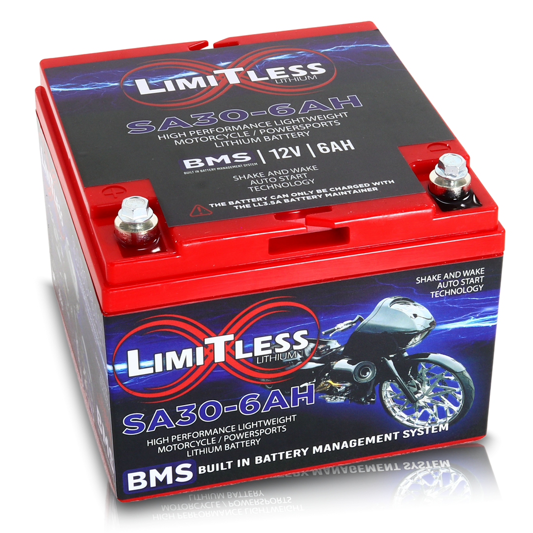 Limitless Lithium Shake Awake 6Ah 12V LiFePO4 Smart Motorcycle Battery (Case 30) + 3.5A Maintainer (2)