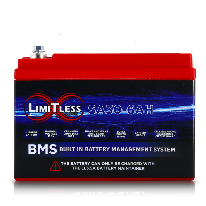 Limitless Lithium Shake Awake 6Ah 12V LiFePO4 Smart Motorcycle Battery (Case 30) + 3.5A Maintainer (6)