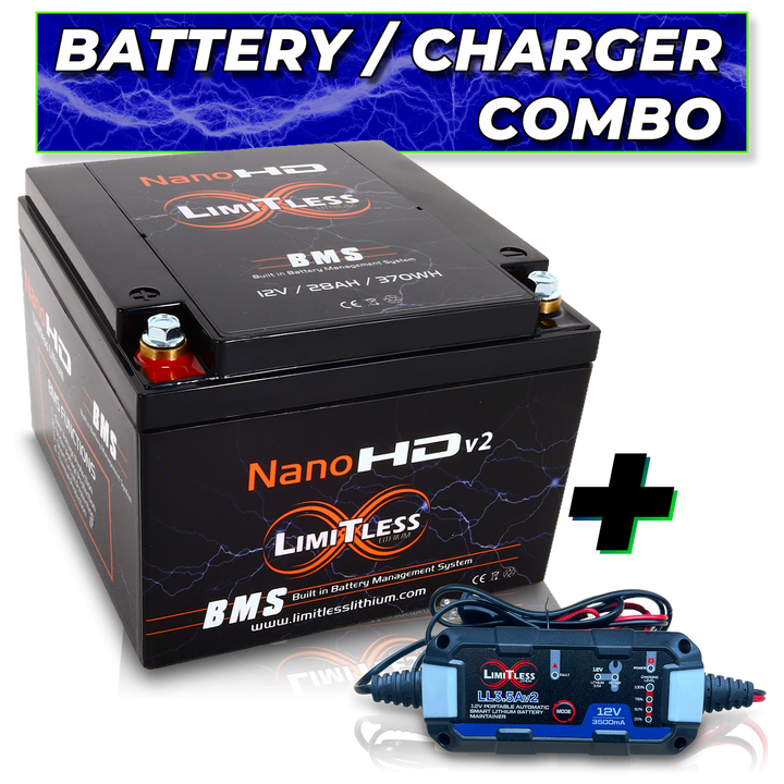 Limitless Lithium Nano-HD v2 30Ah LiFePO4 Powersports Battery + 3.5A Maintainer