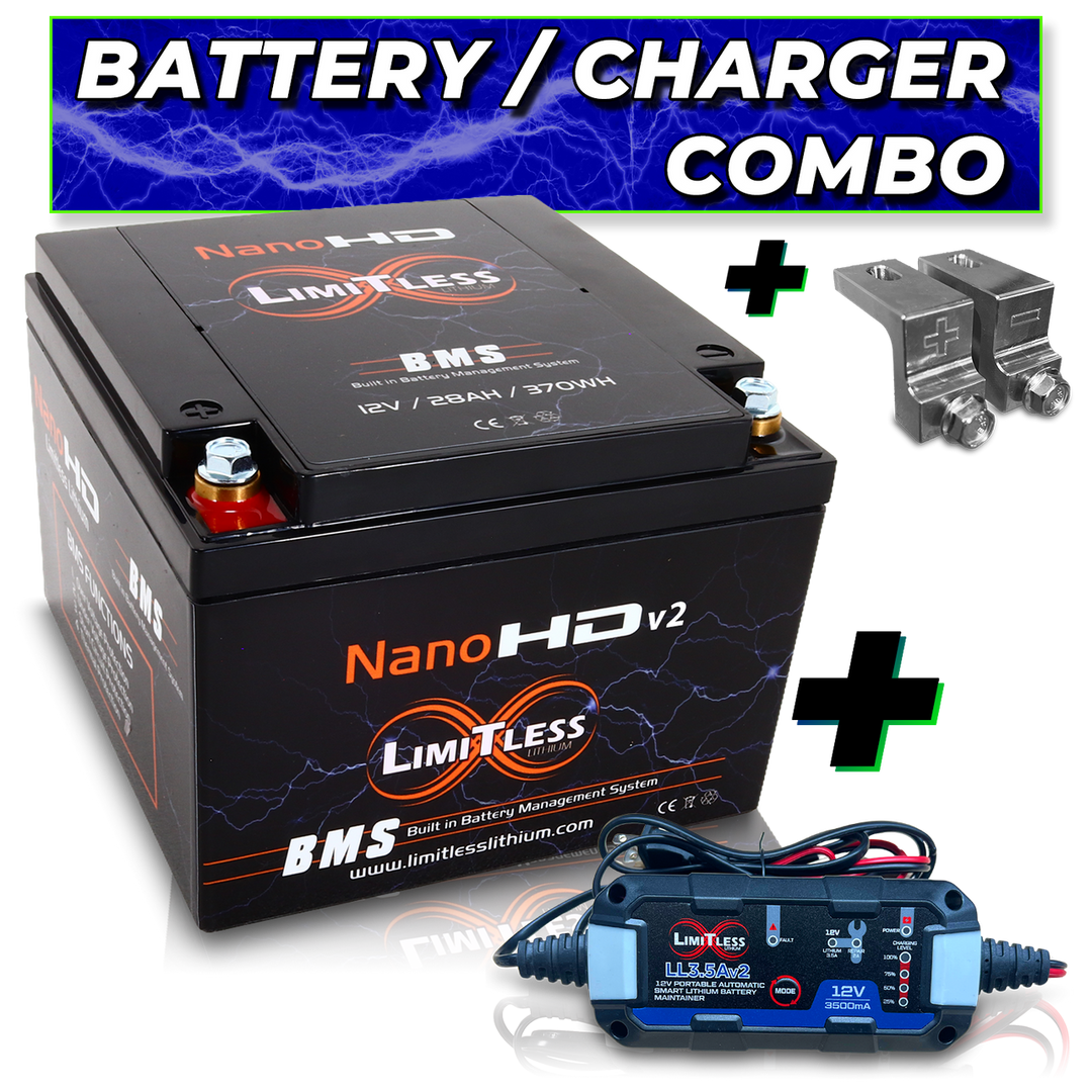 Limitless Lithium Nano-HD v2 30Ah LiFePO4 Powersports Battery + 3.5A Maintainer & Adapters