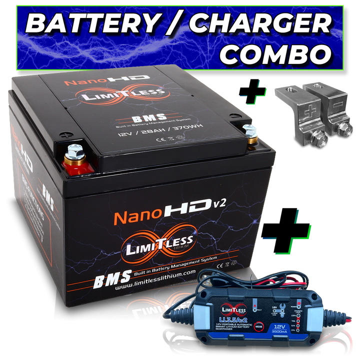 Limitless Lithium Nano-HD v2 30Ah LiFePO4 Powersports Battery + 3.5A Maintainer & Adapters