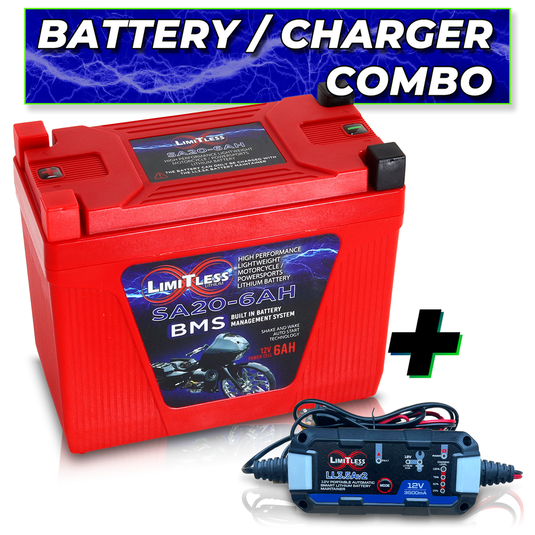 Limitless Lithium Shake Awake 6Ah 12V LiFePO4 Smart Motorcycle Battery (Case 20) + 3.5A Maintainer
