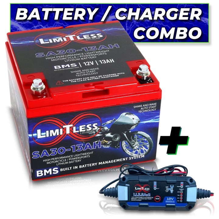 Limitless Lithium Shake Awake 13Ah 12V LiFePO4 Smart Motorcycle Battery (Case 30) + 3.5A Maintainer