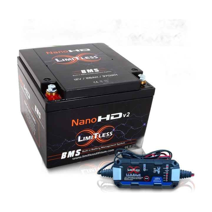 Limitless Lithium Nano-HD v2 30Ah LiFePO4 Powersports Battery + 3.5A Maintainer & Adapters