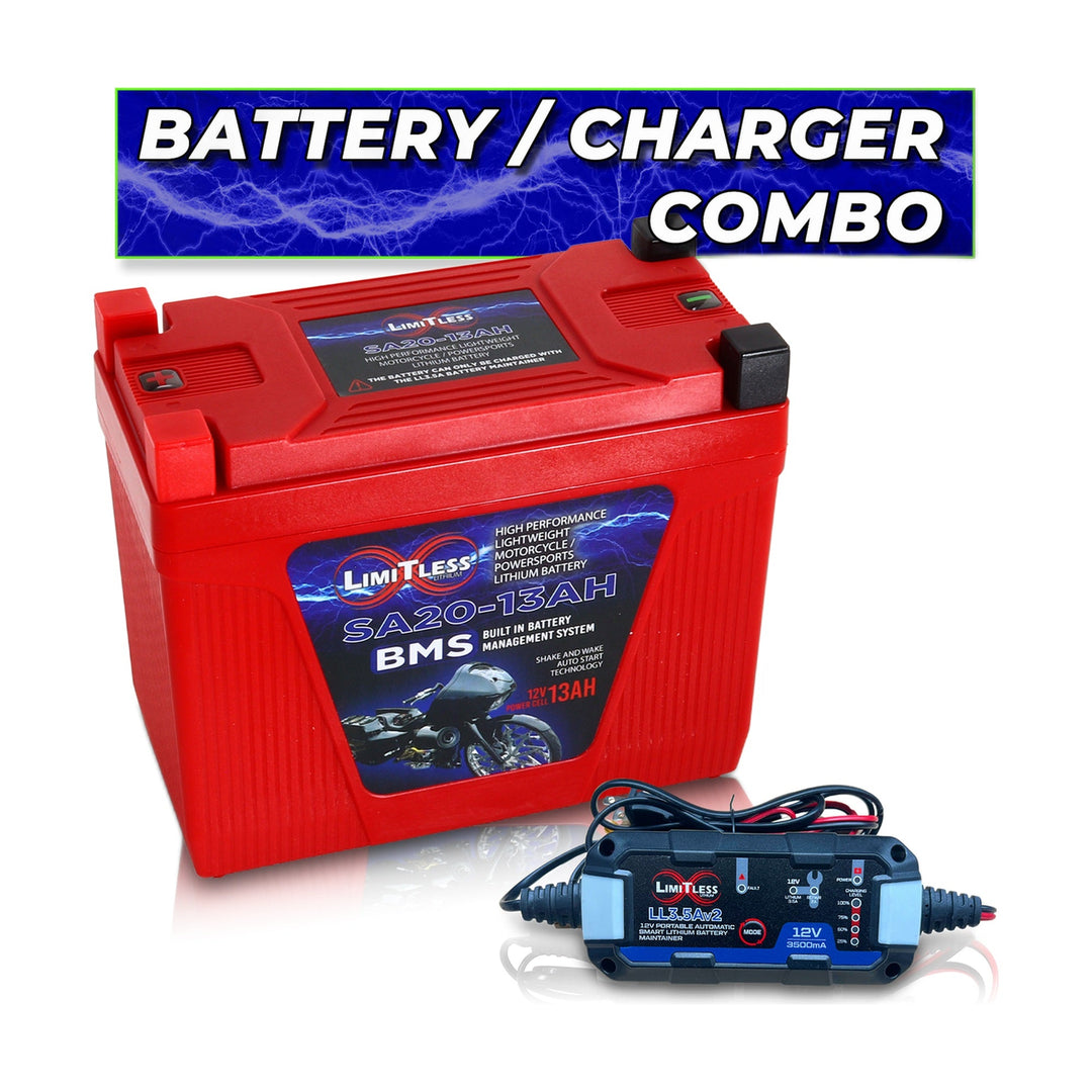 Limitless Lithium Shake Awake 13Ah 12V LiFePO4 Smart Motorcycle Battery (Case 20) + 3.5A Maintainer