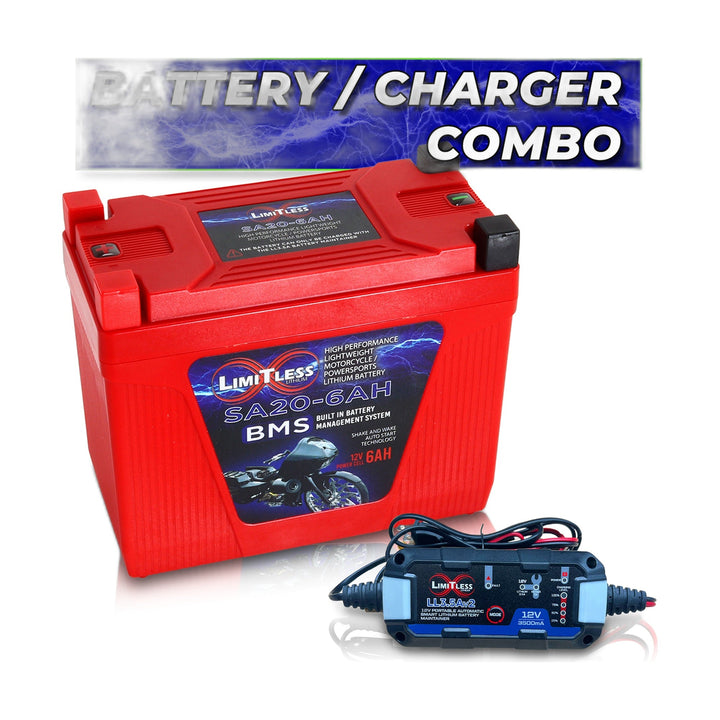 Limitless Lithium Shake Awake 6Ah 12V LiFePO4 Smart Motorcycle Battery (Case 20) + 3.5A Maintainer