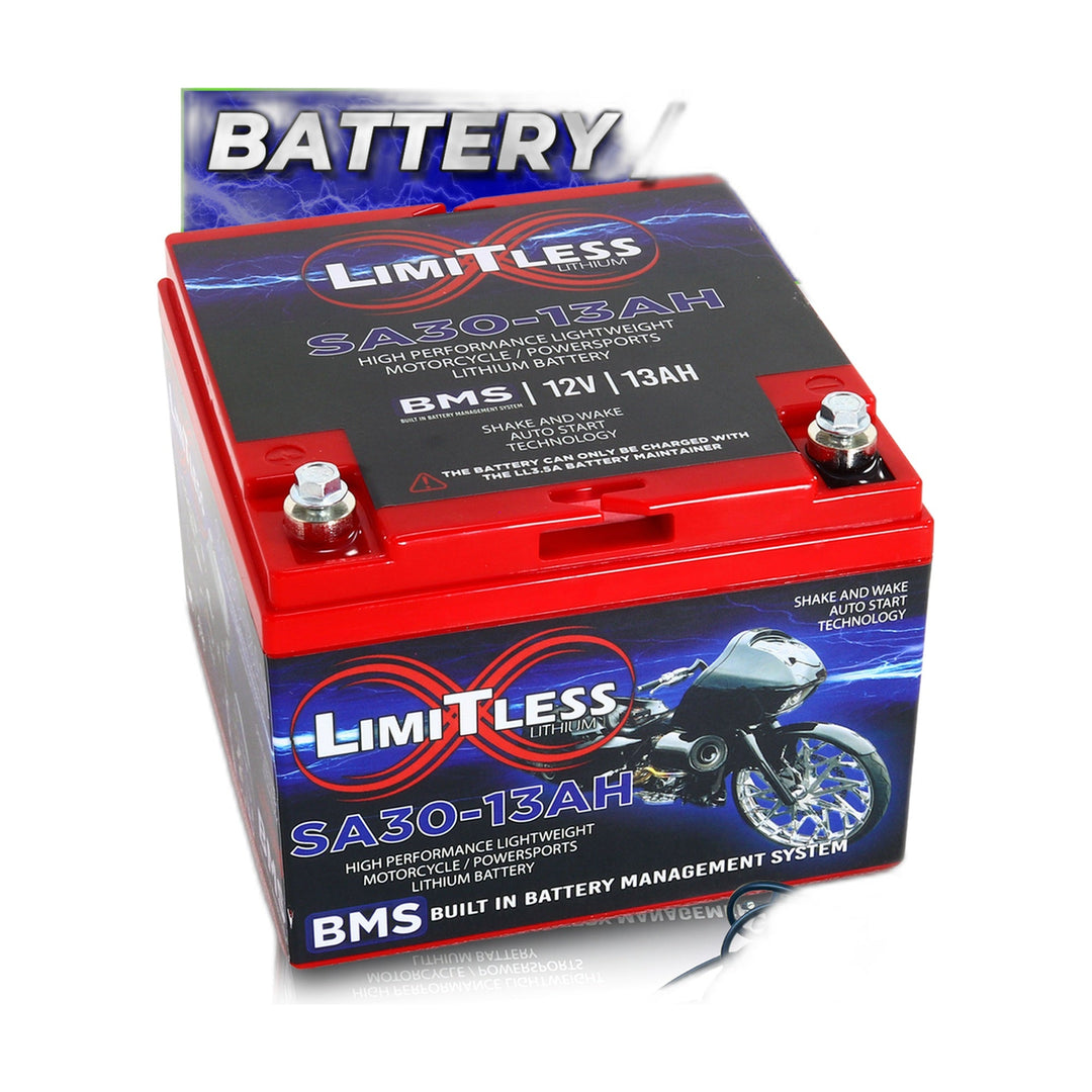 Limitless Lithium Shake Awake 13Ah 12V LiFePO4 Smart Motorcycle Battery (Case 30) + 3.5A Maintainer