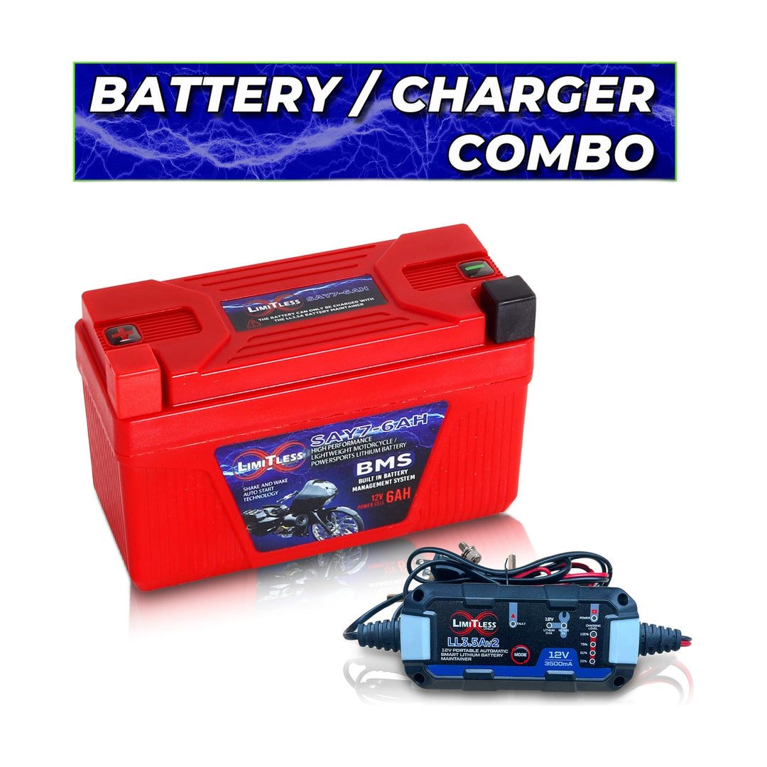Limitless Lithium Shake Awake 6Ah 12V LiFePO4 Smart Motorcycle Battery (Case Y7) + 3.5A Maintainer